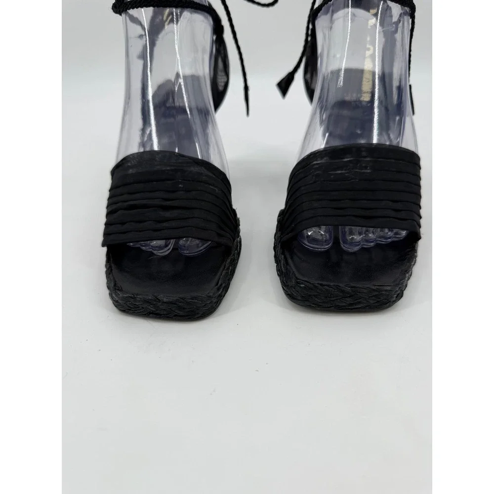 Stuart Weitzman Black Espadrille Wedge Sandals Pleated Ankle Tie Square Toe 5.5B